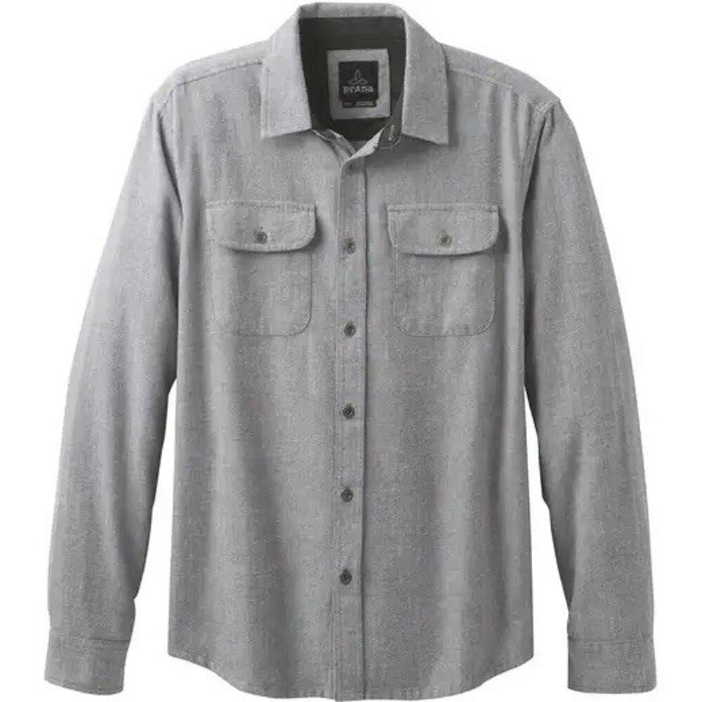 prAna Men's L Lybek Herringbone Grey Long Sleeve Flannel Shirt Organic Cotton